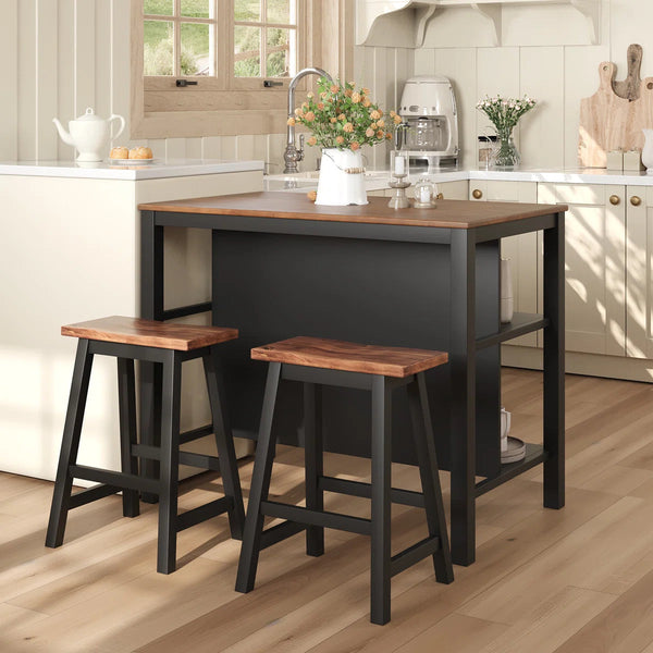 Rustic Walnut Solid Wood Kitchen Island with 2 Dining Stools – Farmhouse Style Prep Table with Storage Shelves Sangria Beech