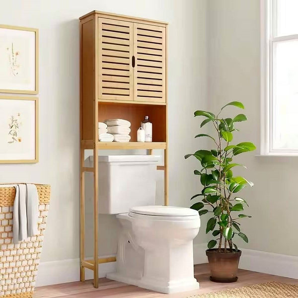 Over-the-Toilet Bathroom Storage Cabinet Shelf – Bamboo Organizer with Door & Open Shelf, Light Brown Yellow Finish Yellow Crius