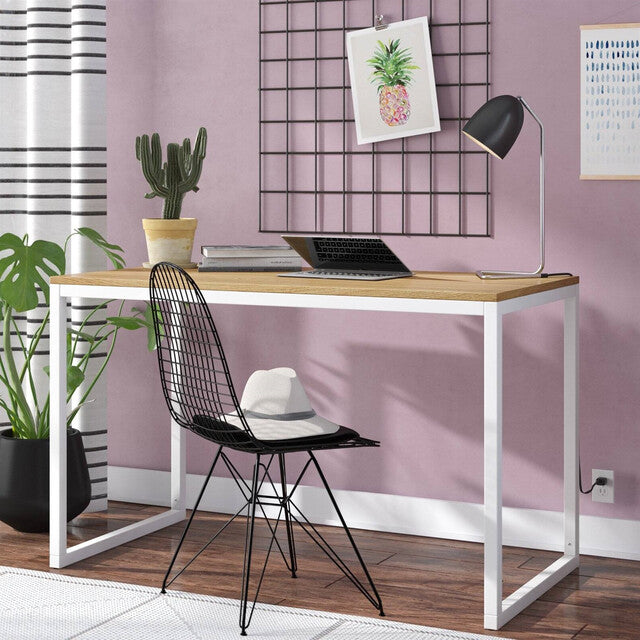 Modern Minimalist Home Office Desk – 47" Natural Wood Top with White Steel Frame Yellow Crius
