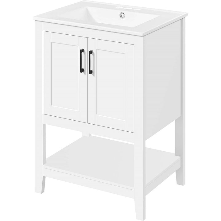 Modern White Wood Bathroom Vanity with White Ceramic Sink & Storage Cabinet – 34” Tall, Durable MDF Yellow Crius