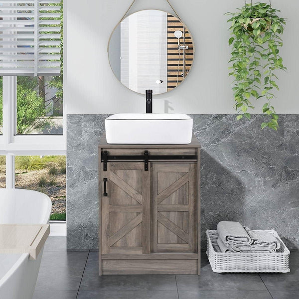 Farmhouse Modern Bathroom Vanity with Rustic Wood Finish & White Ceramic Sink – Sliding Door Design Yellow Crius