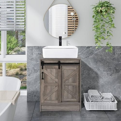 Farmhouse Modern Bathroom Vanity with Rustic Wood Finish & White Ceramic Sink – Sliding Door Design Yellow Crius