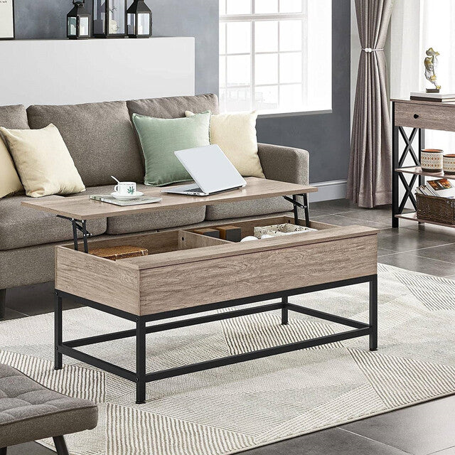 Modern Grey Wood Lift-Top Coffee Table with Metal Frame – Adjustable Height Sofa Desk & Storage, Rustic Industrial Style Yellow Crius