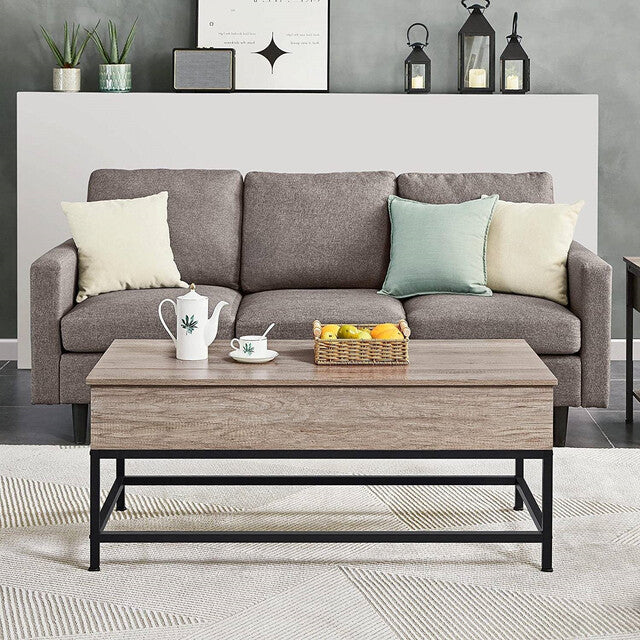 Modern Grey Wood Lift-Top Coffee Table with Metal Frame – Adjustable Height Sofa Desk & Storage, Rustic Industrial Style Yellow Crius