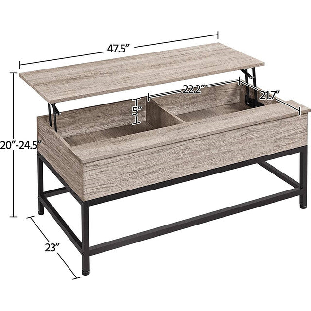 Modern Grey Wood Lift-Top Coffee Table with Metal Frame – Adjustable Height Sofa Desk & Storage, Rustic Industrial Style Yellow Crius