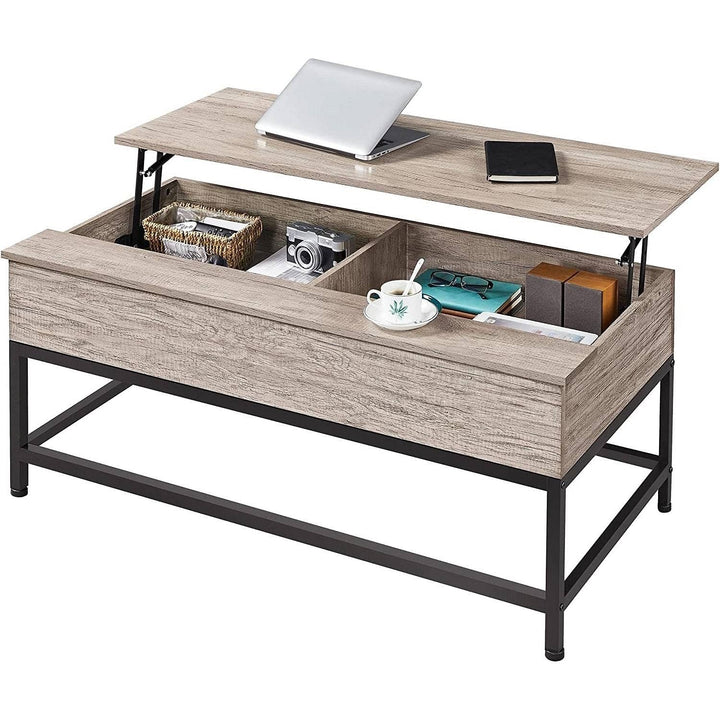 Modern Grey Wood Lift-Top Coffee Table with Metal Frame – Adjustable Height Sofa Desk & Storage, Rustic Industrial Style Yellow Crius