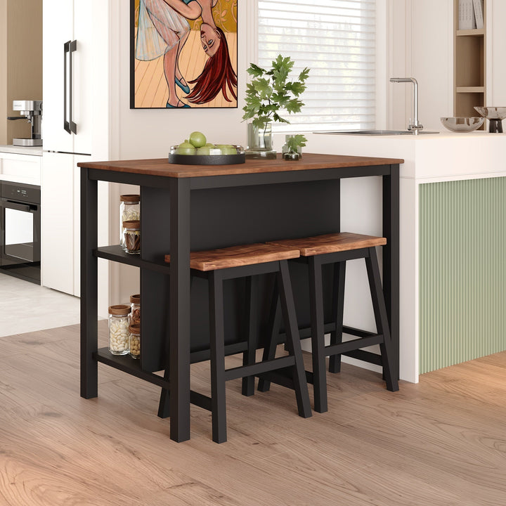 Rustic Walnut Solid Wood Kitchen Island with 2 Dining Stools – Farmhouse Style Prep Table with Storage Shelves Sangria Beech