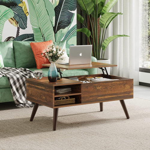 Modern Lift-Top Coffee Table with Hidden Storage & Removable Shelf – Rustic Wood Finish, 39.4" Center Table for Living Room Peach Maple