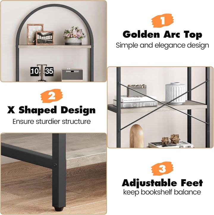 IDEALHOUSE 5-Tier Tall Bookshelf with Wood Grain MDF & Metal Frame – Industrial Grey Bookcase with Gold Accents, X-Shaped Support, Adjustable Feet, and Anti-Tip Safety Straps (23.6" W x 70.9" H) Peach Maple