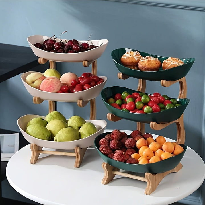 MultiLayer Bamboo-Style Fruit Basket & Snack Tray Set – Stackable, Food-Safe Plastic Organizer for Kitchen & Snacks Champagne Apollo