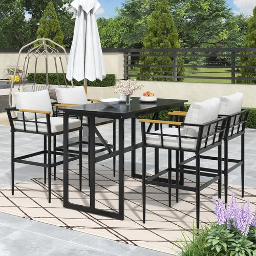 5-Piece Outdoor Dining Set with Iron Table & Acacia Wood Armrests – Beige Cushioned Chairs, High-Back Design for Patio, Garden, or Backyard Sangria Beech