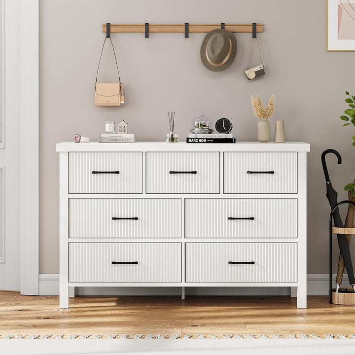 Modern White 7-Drawer Dresser with Fluted Panels – Wide Storage Chest with Black Handles, MDF Wood, for Bedroom, Living Room, or Hallway Peach Maple