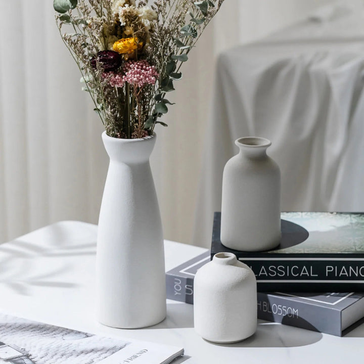 Boho Chic Ceramic Vase Trio - White Distressed Flower Vases GH Modern Living