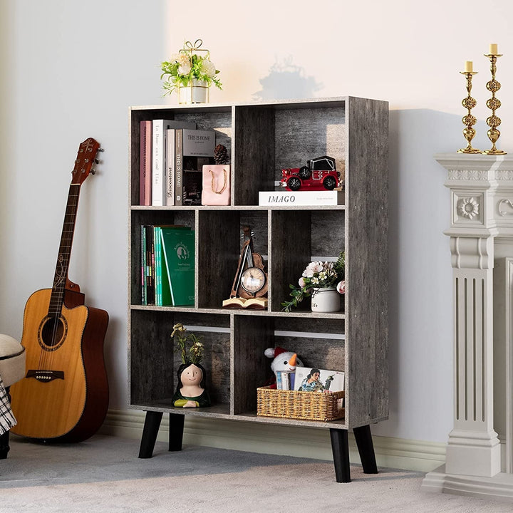 LEYAOYAO 3-Tier Cube Bookshelf with 7 Compartments – Dirty Grey Modern Storage Shelf with Artistic Design, Wood Look Organizer for Living Room, Office, or Bedroom (31.5" W x 43.3" H) Peach Maple
