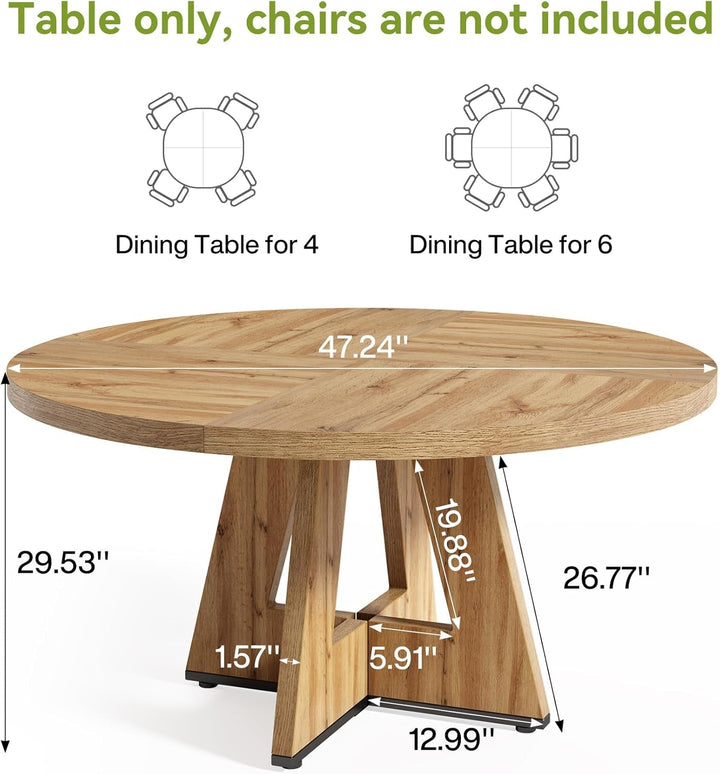 47" Round Farmhouse Dining Table with Pedestal Base – Seats 4-6, Light Brown Peach Maple