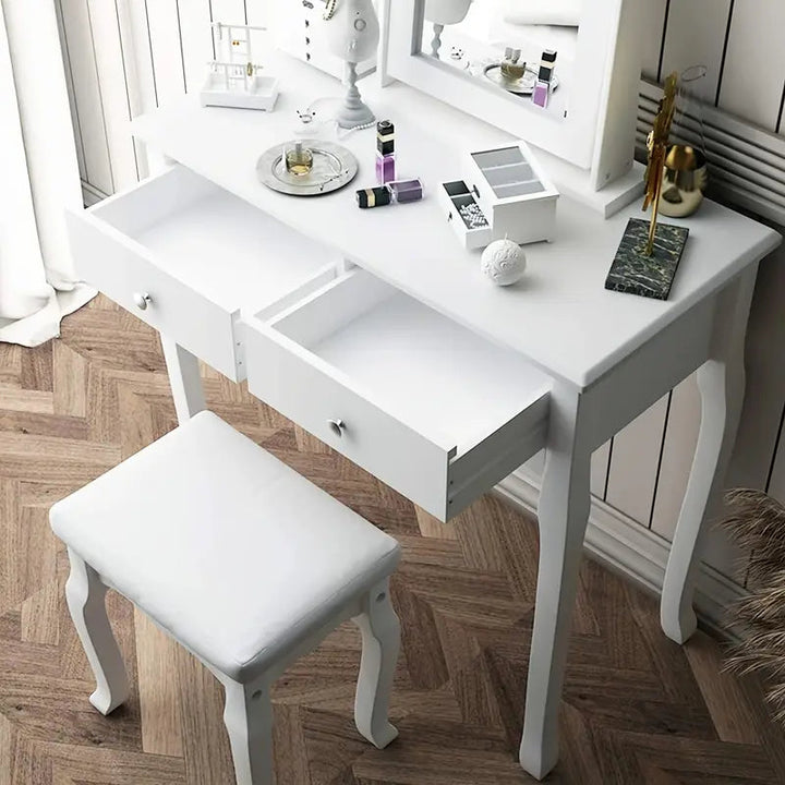 Modern Vanity Table Set with 360° Pivoting Mirror and Cushioned Stool – Makeup Dressing Table with 2 Drawers, Solid Wood & PU Seat Peach Maple