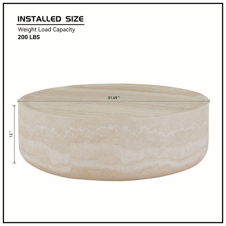Modern Round Faux Travertine Coffee Table – 31.5" Fiberglass Center Table for Living Room, No Assembly Needed Sangria Beech