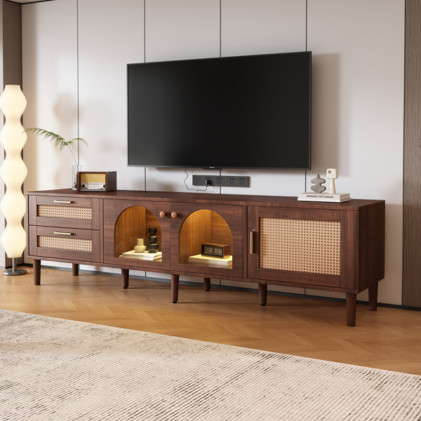 Rattan TV Stand with 3 Cabinets & 2 Drawers, Rattan-inspired Media Console Table for TVs up to 80'', LED Light Entertainment Center, TV cabinet for Living room, Bedroom, Home Theatre GH Modern Living