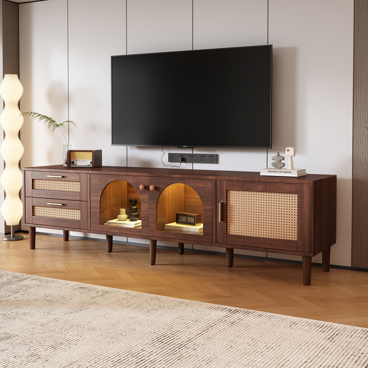 Rattan TV Stand with 3 Cabinets & 2 Drawers, Rattan-inspired Media Console Table for TVs up to 80'', LED Light Entertainment Center, TV cabinet for Living room, Bedroom, Home Theatre GH Modern Living