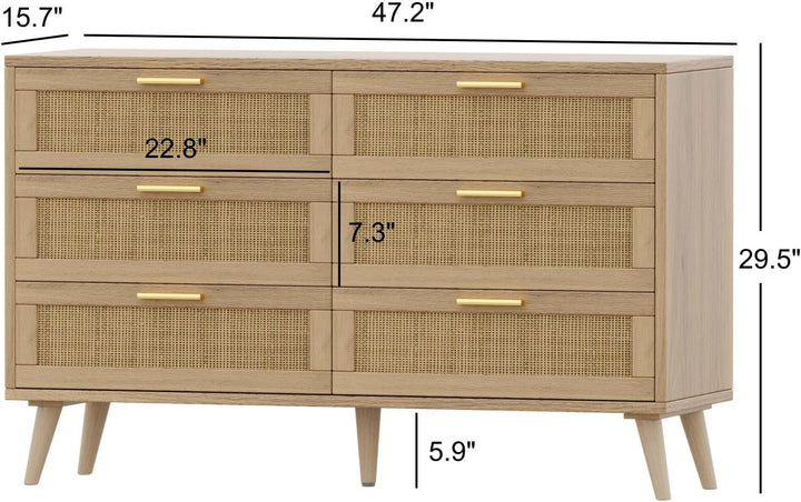 6-Drawer Rattan Dresser – Boho Chic Mid-Century Storage Cabinet with Golden Handles, Natural Finish, Versatile for Bedroom, Entryway, or Living Room Peach Maple