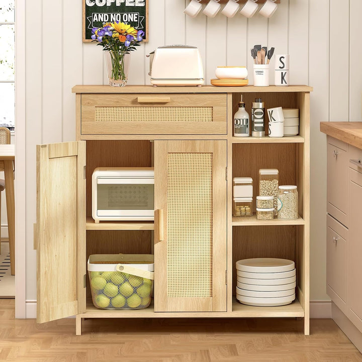 Natural Rattan Boho Storage Cabinet with Adjustable Shelves Peach Maple