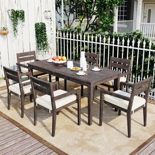 7-Piece Outdoor Acacia Wood Dining Set – Burly Wood Table and 6 Chairs with Cushions, Weather-Resistant Patio Furniture for Garden, Balcony, Backyard Sangria Beech