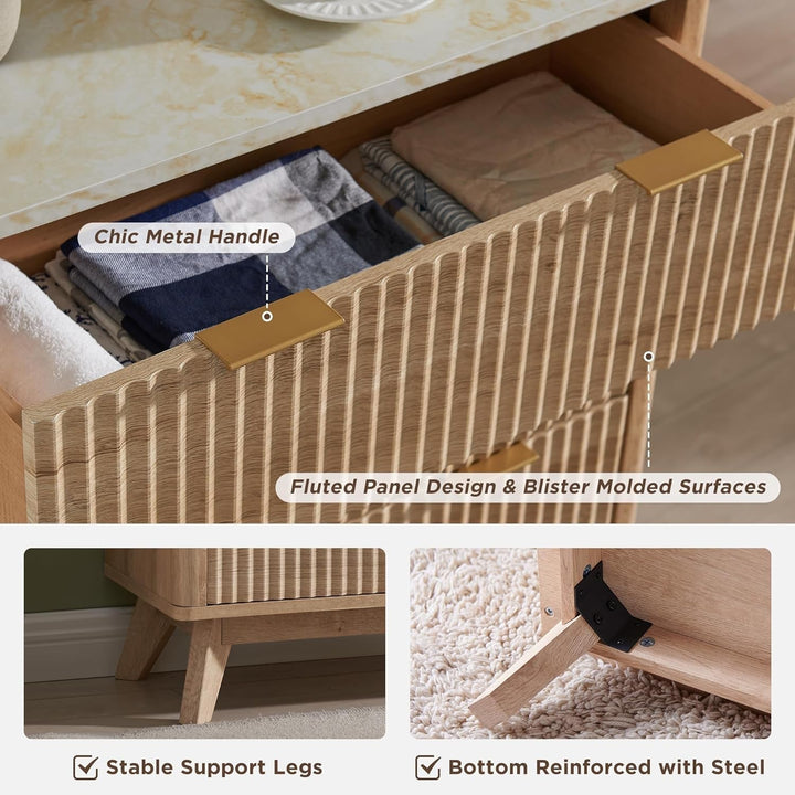 Modern 6-Drawer Dresser with Fluted Panels & Faux Marble Top – 54" Wide Storage Cabinet for Bedroom, Living Room, or Entryway Peach Maple