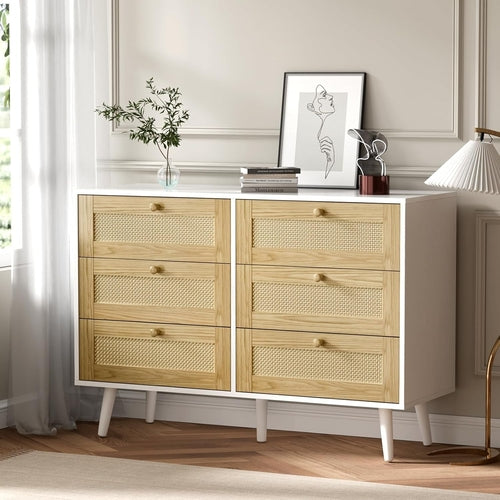 Modern 6-Drawer Rattan Dresser with Ample Storage & Anti-Tip Safety Strap – Space-Saving Bedroom Chest Peach Maple