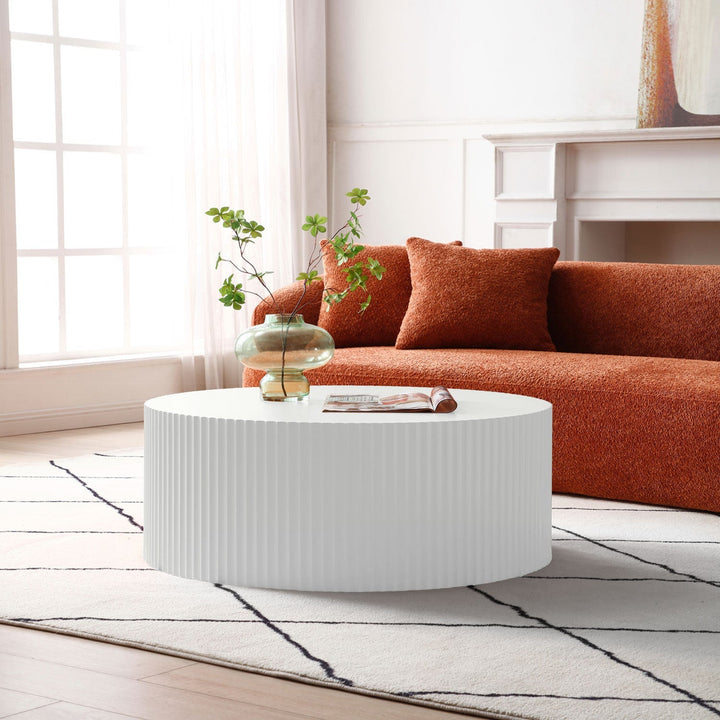 35" White Round Coffee Table – Handcrafted Relief Modern Center Table, MDF Wood, No Assembly Required Sangria Beech