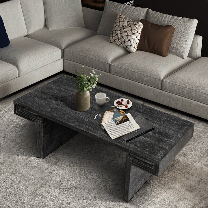 American Vintage Rectangular Coffee Table – Dual-Tier Rustic Wood Center Table with Open Shelves, Antique Black Finish Sangria Beech