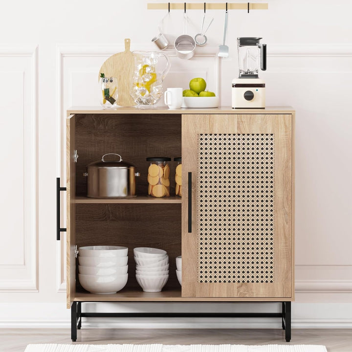 Rattan Door Storage Cabinet Handmade Buffet Sideboard Accent Peach Maple