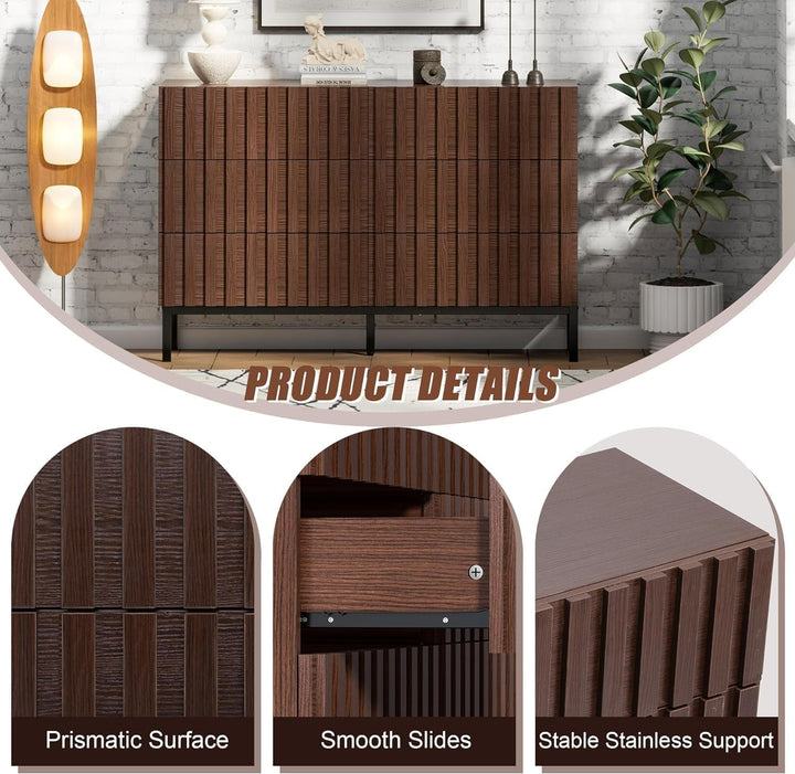 Fluted Walnut 6-Drawer Dresser with Metal Stand – Modern Storage Chest for Bedroom & Living Room Peach Maple