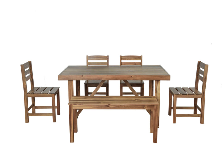6-Piece Outdoor Acacia Wood Dining Set – Includes Table, Bench & 4 Chairs – Modern Patio Furniture for Garden, Balcony, or Deck (Brown) Sangria Beech