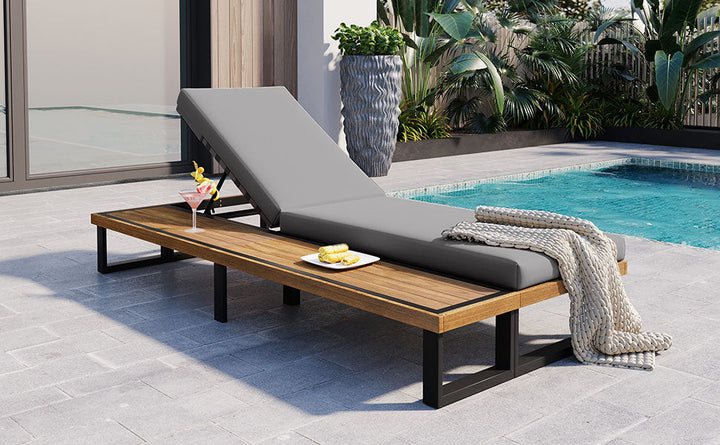 Adjustable Outdoor Chaise Lounge Chair with Cushion & Side Table – Acacia Wood Frame, 5-Position Recliner for Patio, Poolside, or Garden Sangria Beech