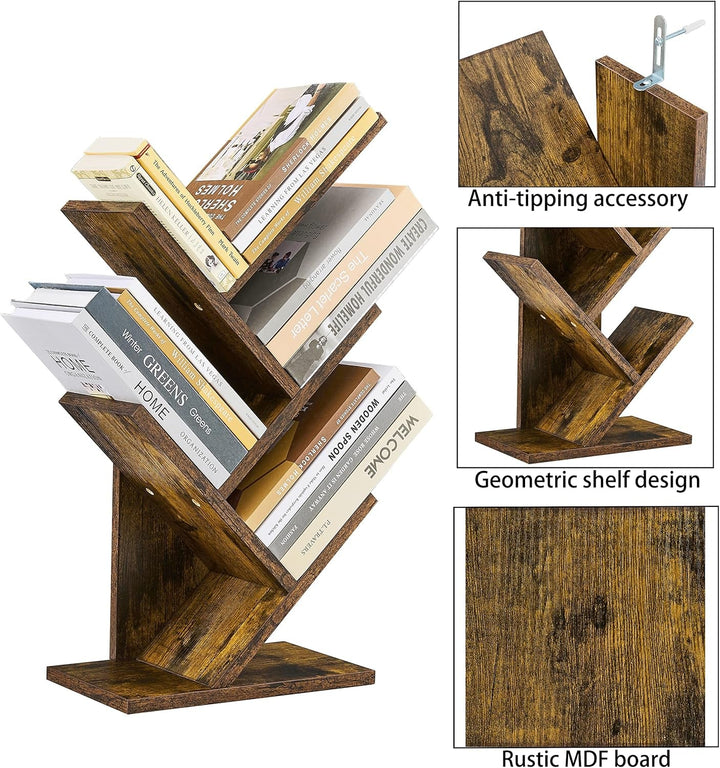 Hoctieon 4-Tier Tree Bookshelf – Small Space Corner Bookcase with Rustic Wood & Metal Frame, Compact Vertical Storage Shelf with Anti-Tip Kit, Freestanding Organizer for Living Room, Bedroom, Office Peach Maple
