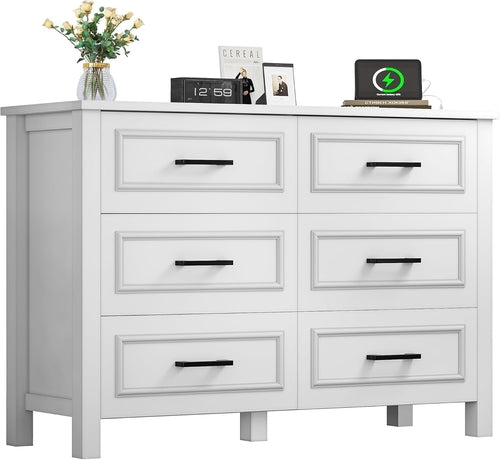 6-Drawer Dresser with Built-in Power Outlet & USB Ports – White Storage Cabinet with Rustic Bar Handles, Anti-Tip Design for Bedroom, Entryway, or Living Room Peach Maple