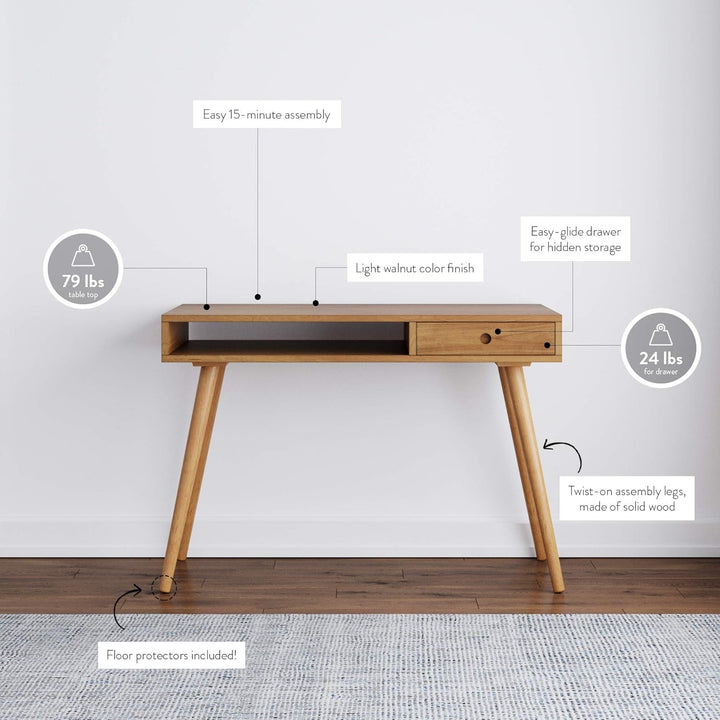 42" Walnut Mid-Century Modern Home Office Desk with Drawer & Cubby Storage – Parker Collection Peach Maple