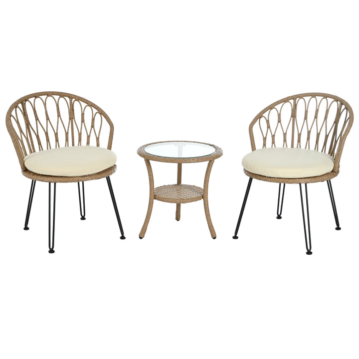 3-Piece Outdoor Bistro Set with PE Rattan Chairs & Tempered Glass Table – Beige Cushions, Lightweight Patio Conversation Set Sangria Beech