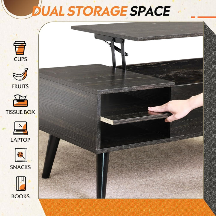 Lift Top Coffee Table with Storage – Modern Mid-Century Rustic Wood Grain Table with Hidden Compartment & Removable Shelf Peach Maple