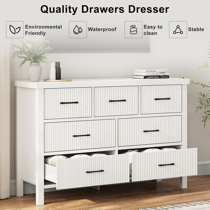Modern White 7-Drawer Dresser with Fluted Panels – Wide Storage Chest with Black Handles, MDF Wood, for Bedroom, Living Room, or Hallway Peach Maple