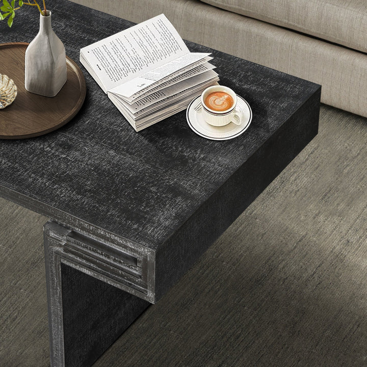 American Vintage Rectangular Coffee Table – Dual-Tier Rustic Wood Center Table with Open Shelves, Antique Black Finish Sangria Beech