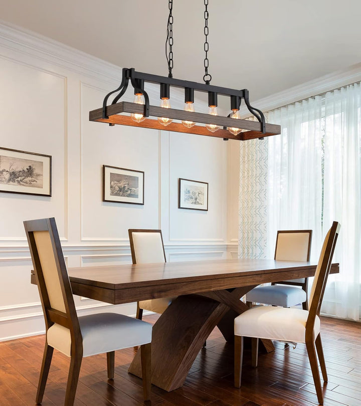 Farmhouse 5-Light Linear Chandelier for Kitchen Island – Rustic Wood Rectangle Ceiling Light Fixture, Adjustable Height, UL Listed, Dining Room Pendant Lighting Peach Maple