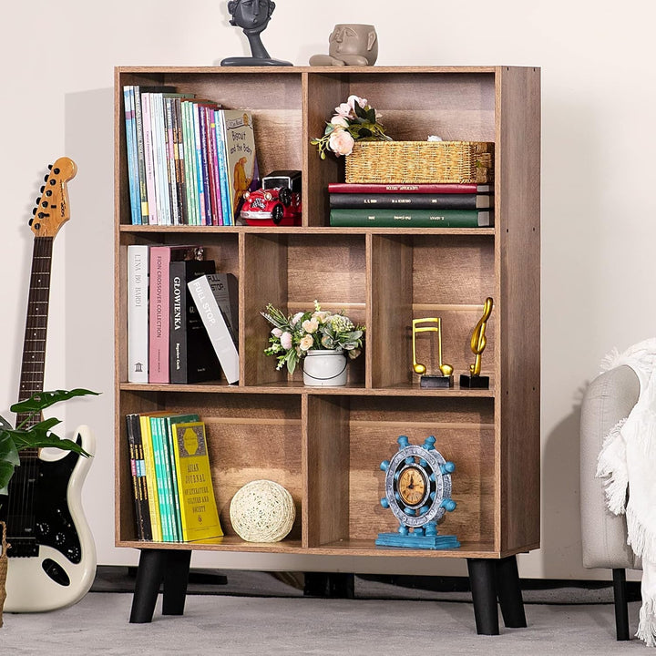Oak Grey Mid-Century Modern 3-Tier Cube Bookshelf – 7-Cube Wood Storage Organizer for Living Room, Office, or Bedroom Peach Maple