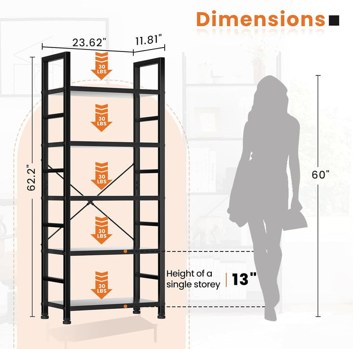 Modern 5-Tier Tall Bookshelf with Metal Frame – Space-Saving Industrial Bookcase Storage Shelf for Living Room, Bedroom, or Office – 62.2" H Freestanding Wood Shelving Unit Peach Maple