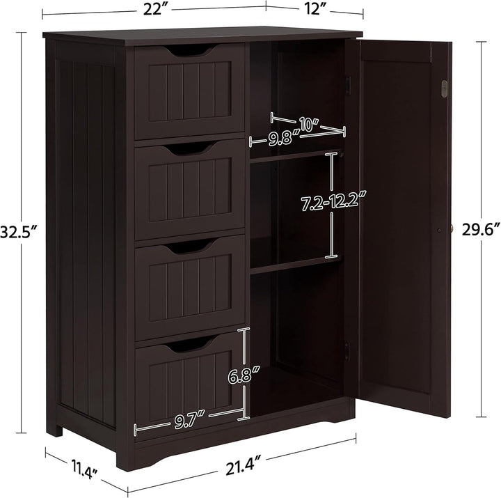Wooden Bathroom Floor Cabinet with 4 Drawers & Adjustable Shelf Cupboard – Freestanding Storage Organizer Peach Maple