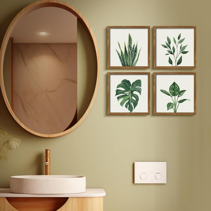 Botanical Framed Wall Art Set – 4-Piece Green Plant Prints with MDF Frames, 10x10 Inches Each, Modern Home Decor Peach Maple