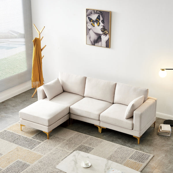 Beige L-Shaped Sectional Sofa with Ottoman – Gold Metal Legs, High-Density Foam & Removable Covers, Modern Fabric Couch for Living Room Sangria Beech