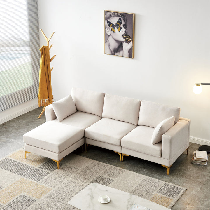Beige L-Shaped Sectional Sofa with Ottoman – Gold Metal Legs, High-Density Foam & Removable Covers, Modern Fabric Couch for Living Room Sangria Beech