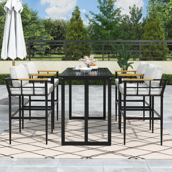 5-Piece Outdoor Dining Set with Iron Table & Acacia Wood Armrests – Beige Cushioned Chairs, High-Back Design for Patio, Garden, or Backyard Sangria Beech