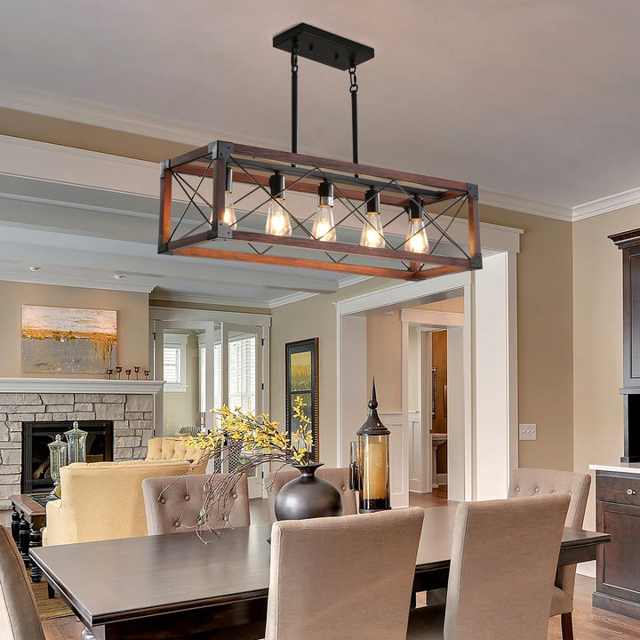 5-Light Farmhouse Chandelier – Red Wood and Black Iron Kitchen Island Pendant Light, Adjustable Height, E26 Base, Rustic Industrial Ceiling Fixture for Dining Room, Living Room, Entryway Sangria Beech
